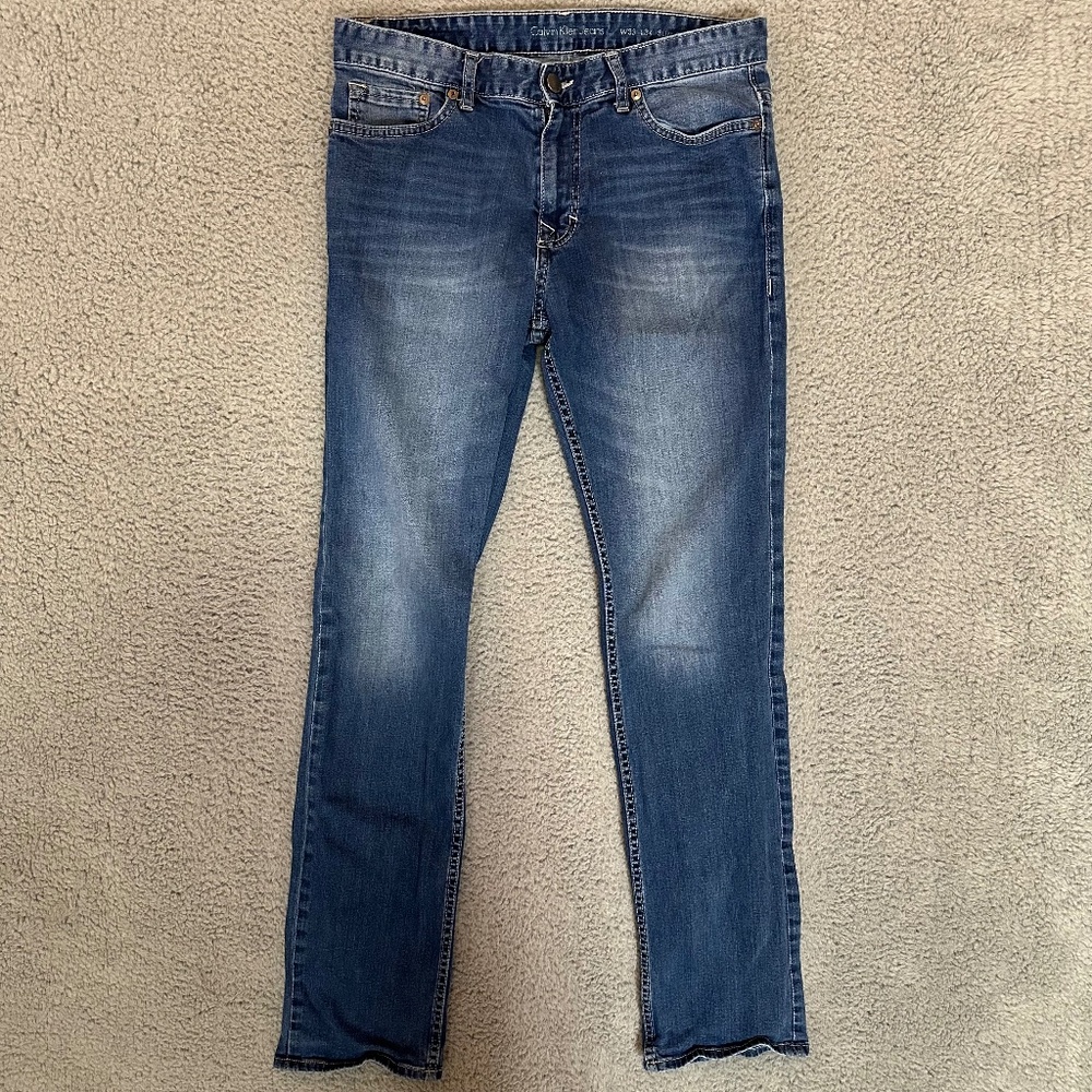 Calvin Klein Jeans Slim Straight Mens Jeans Blue Size 33 X 34 Denim Cotton Blend